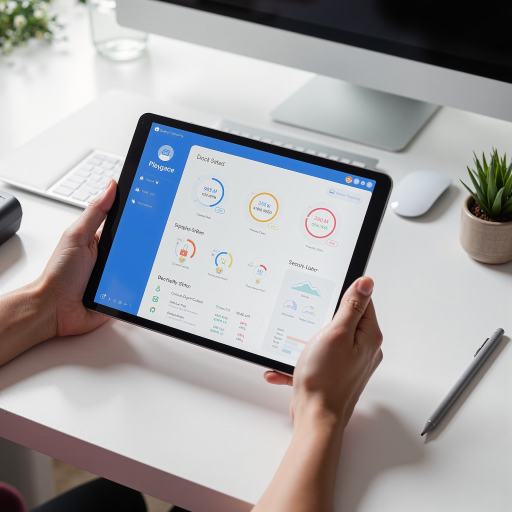 E-commerce platform interface showing dashboard and product listings, clean modern design, blue accents
