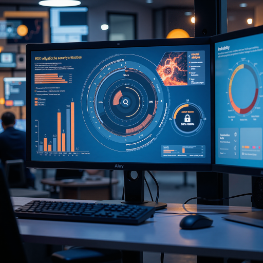 Security dashboard showing threat detection, firewall status, encrypted data icons